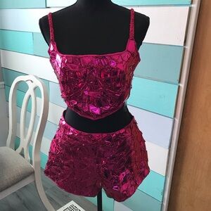 Hot and Delicious Pink Glass Mirror Sequin Short And Top Set, Size M.